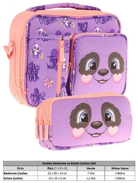 Kaukko Kids Kız Çocuk Mor Somon Panda Desenli Üç Bölmeli Thermo Beslenme Çantası ve Kalemlik Seti (L7233+L8233) - Resim 2