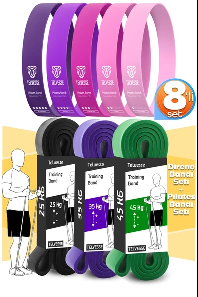 8li GİGA SET 25+35+45 KG + 5Li Pilates Direnç Bandı Barfiks Lastiği Loop Band Pembe Ton ürün görseli