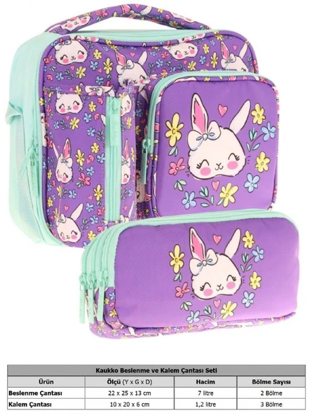 Kaukko Kids Kız Çocuk Mor Yeşil Tavşan Desenli Üç Bölmeli Thermo Beslenme Çantası ve Kalemlik Seti (L7242+L8242) - 2