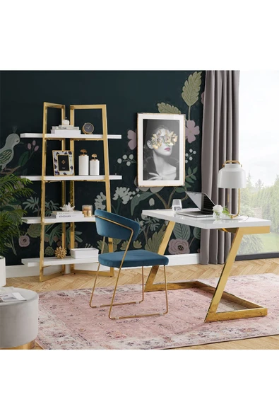 Hitit Dekorasyon Nysa Gold Metal Beyaz Kitaplık & Raf - 5