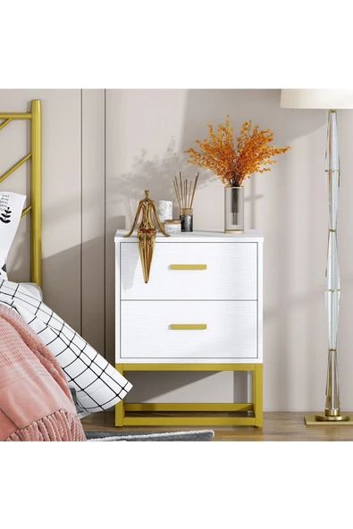 Hitit Dekorasyon Lodovica Gold Metal Beyaz Komodin - 2