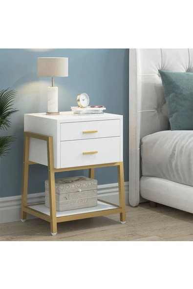 Hitit Dekorasyon Chelsea Gold Metal Beyaz Komodin - 3