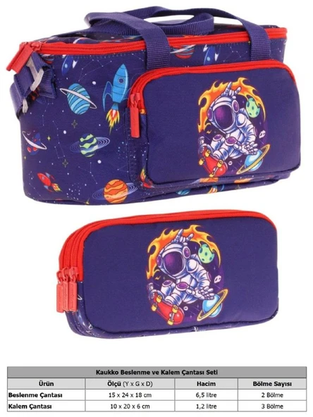Kaukko (L7267+L8267) Beslenme Çantası (Isı Yalıtımlı) ve Kalem Çantası (Üç Bölme) Seti - Erkek Çocuk - Lacivert Kırmızı Astronot Baskılı - Resim 2