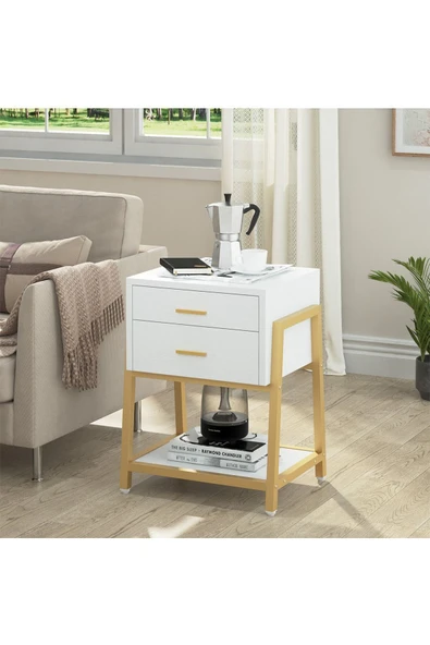 Hitit Dekorasyon Chelsea Gold Metal Beyaz Komodin - 5