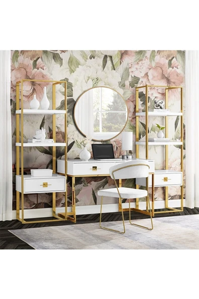 Hitit Dekorasyon Rihanna Gold Metal Beyaz Kitaplık & Raf - 5