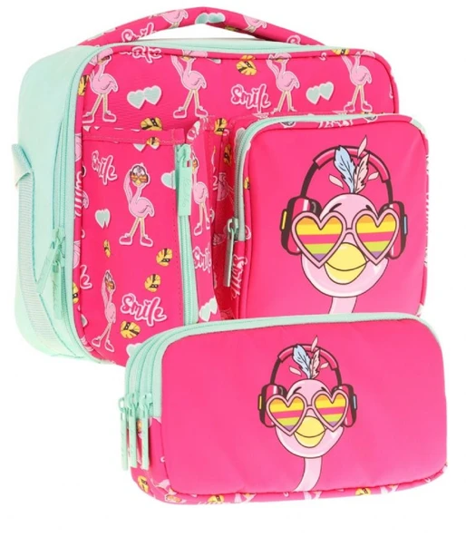 Kaukko Kids Kız Çocuk Kırmızı Yeşil Flamingo Desenli Üç Bölmeli Thermo Beslenme Çantası ve Kalemlik Seti (L7235+L8235) ürün görseli