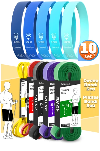 10lu TERA SET 5+15+25+35+45 KG + 5Li Pilates Direnç Bandı Barfiks Lastiği Loop Band Mavi Ton ürün görseli 1