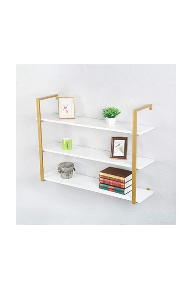 Hitit Dekorasyon Gold Metal Ahşap Duvar Rafı 120cm 3 Katlı - 2