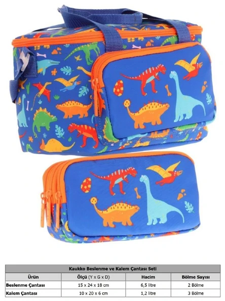 Kaukko (L7278+L8278) Beslenme Çantası (Isı Yalıtımlı) ve Kalem Çantası (Üç Bölme) Seti - Erkek Çocuk - Lacivert Yeşil Dinazor Desenli - Resim 2