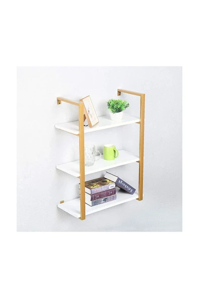 Hitit Dekorasyon Tasnia Gold Metal Ahşap Duvar Rafı 60cm 3 Katlı