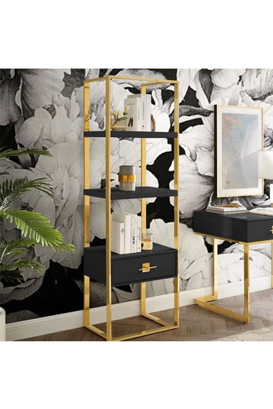 Hitit Dekorasyon Rihanna Gold Metal Siyah Kitaplık & Raf - 2