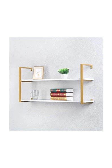Hitit Dekorasyon Tasnia Gold Metal Ahşap Duvar Rafı 120cm 2 Katlı - 2
