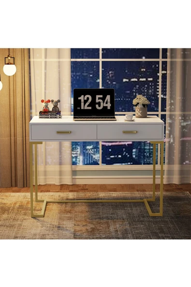 Hitit Dekorasyon Vivian Gold Metal Beyaz Çalışma Masası ürün görseli
