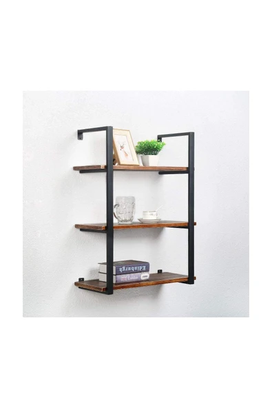 Hitit Dekorasyon Tasnia Siyah Metal Ahşap Duvar Rafı 60cm 3 Katlı
