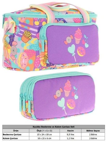Kaukko (L7231+L8231) Beslenme Çantası (Isı Yalıtımlı) ve Kalem Çantası (Üç Bölme) Seti - Kız Çocuk - Mor Yeşil Şekerleme Desenli - Resim 2