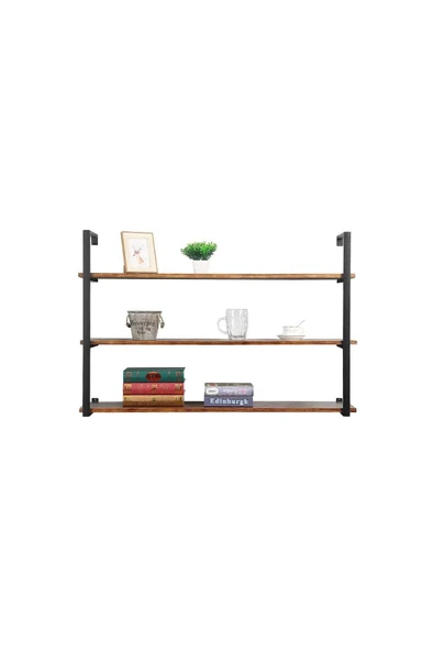Hitit Dekorasyon Tasnia Siyah Metal Ahşap Duvar Rafı 120cm 3 Katlı - 3