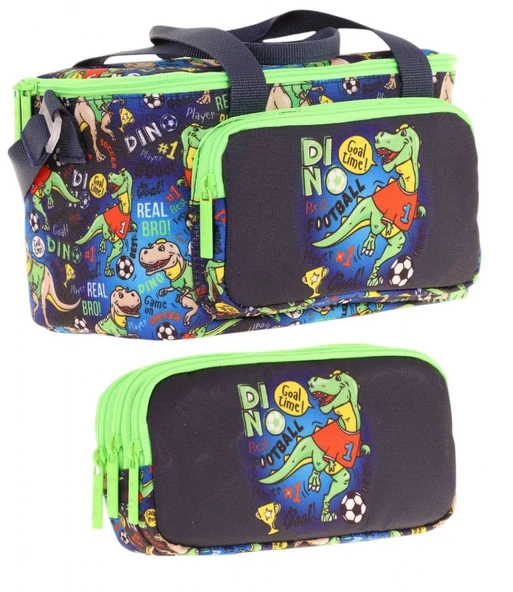 Kaukko (L7266+L8266) Beslenme Çantası (Isı Yalıtımlı) ve Kalem Çantası (Üç Bölme) Seti - Erkek Çocuk - Lacivert Yeşil Dinazor Baskılı ürün görseli
