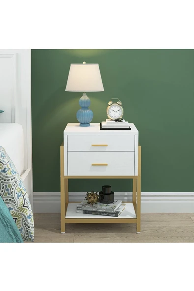 Hitit Dekorasyon Chelsea Gold Metal Beyaz Komodin - 2