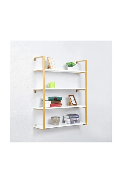 Hitit Dekorasyon Tasnia Gold Metal Ahşap Duvar Rafı 90cm 4 Katlı