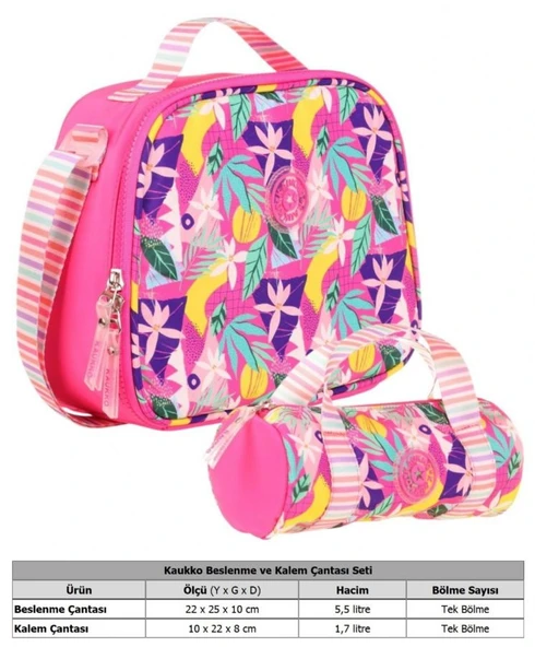 Kaukko Isı Yalıtımlı Beslenme Çantası ve Kalemlik Seti - Kız Çocuğuna Özel - Yaprak Desenli - Pembe Renkli - Resim 2