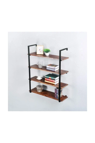 Hitit Dekorasyon Tasnia Siyah Metal Ahşap Duvar Rafı 90cm 4 Katlı - 2