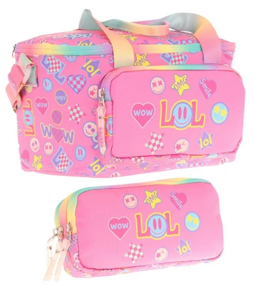 Kaukko (L7237+L8237) Beslenme Çantası (Isı Yalıtımlı) ve Kalem Çantası (Üç Bölme) Seti - Kız Çocuk - Pembe Lol Baskılı ürün görseli
