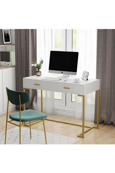 Hitit Dekorasyon Vivian Gold Metal Beyaz Çalışma Masası - Resim 7