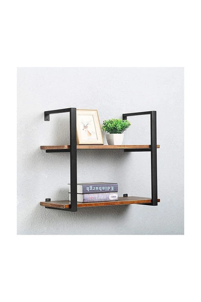 Hitit Dekorasyon Tasnia Siyah Metal Ahşap Duvar Rafı 60cm 2 Katlı