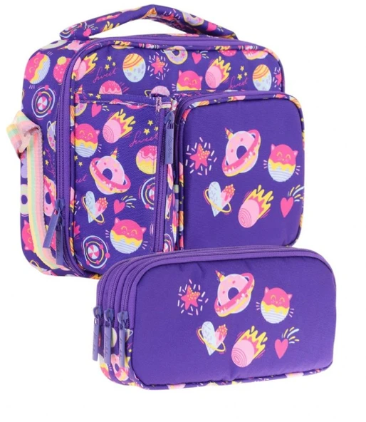 Kaukko Kids Kız Çocuk Mor Şekerlemeler Üç Bölmeli Thermo Beslenme Çantası ve Kalemlik Seti (L7216+L8216) ürün görseli
