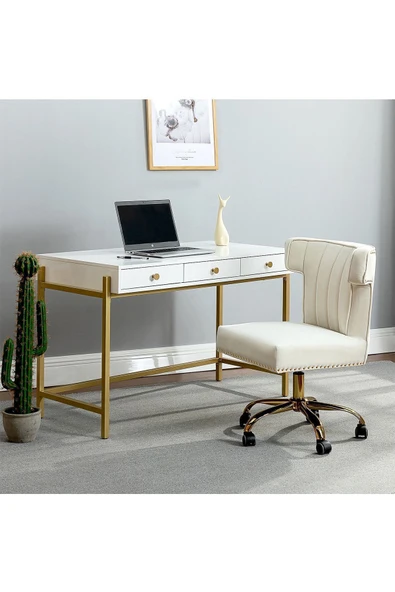 Hitit Dekorasyon Matilda Gold Metal Beyaz Çalışma Masası - Resim 2