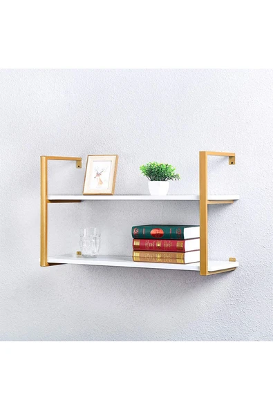 Hitit Dekorasyon Tasnia Gold Metal Ahşap Duvar Rafı 90cm 2 Katlı