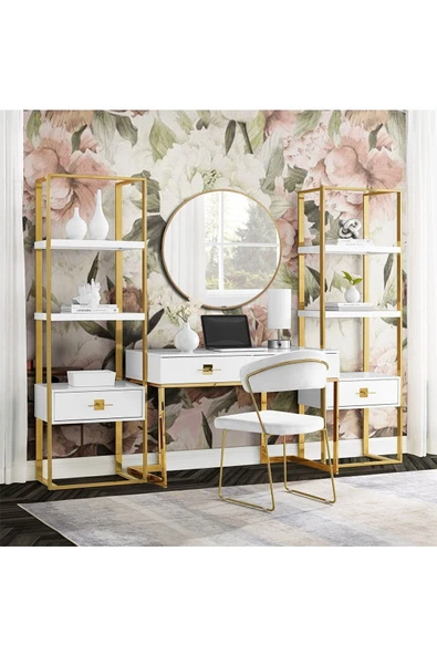 Hitit Dekorasyon Rihanna Gold Metal Beyaz Çalışma Masası - 6