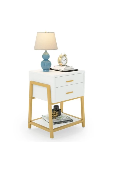 Hitit Dekorasyon Chelsea Gold Metal Beyaz Komodin