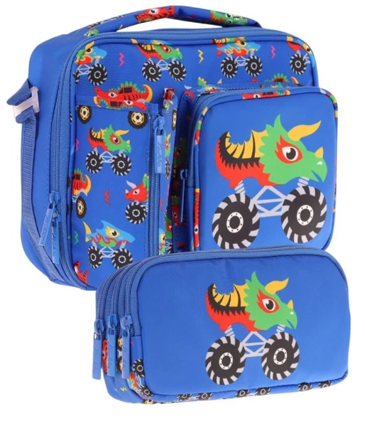 Kaukko Kids Erkek Çocuk Mavi Yeşil Canavar Üç Bölmeli Thermo Beslenme Çantası ve Kalemlik Seti (L7255+L8255) ürün görseli