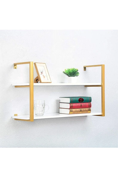 Hitit Dekorasyon Tasnia Gold Metal Ahşap Duvar Rafı 90cm 2 Katlı - 2
