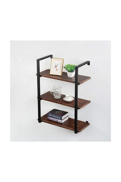 Hitit Dekorasyon Tasnia Siyah Metal Ahşap Duvar Rafı 60cm 3 Katlı - 2