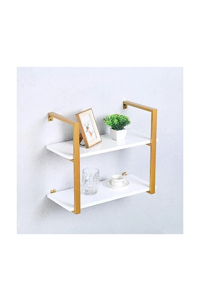 Hitit Dekorasyon Tasnia Gold Metal Ahşap Duvar Rafı 60cm 2 Katlı - 4