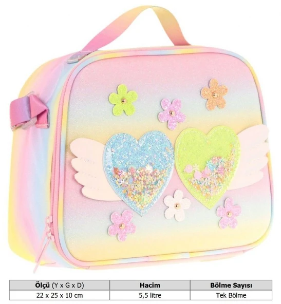 Kaukko Kids Kız Çocuk Isı Yalıtımlı Okul/Piknik Beslenme Çantası (Simli Kalp ve Çiçekler) L7213 - Resim 3