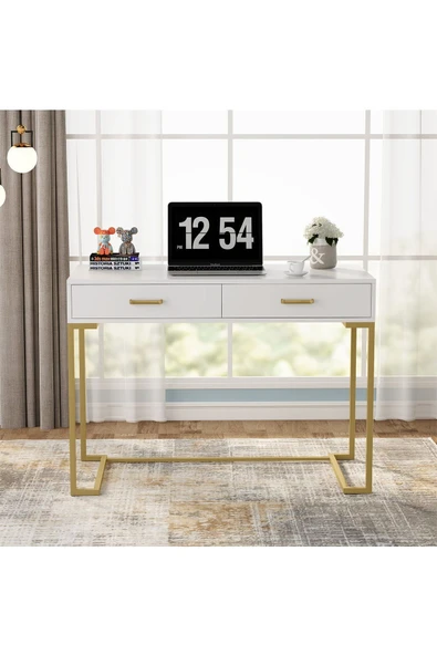 Hitit Dekorasyon Vivian Gold Metal Beyaz Çalışma Masası - Resim 6