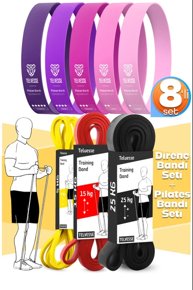 8li GİGA SET 5+15+25 KG + 5Li Pilates Direnç Bandı Barfiks Lastiği Loop Band Pembe Ton ürün görseli