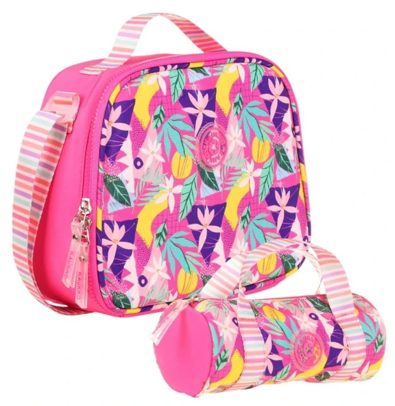 Kaukko Isı Yalıtımlı Beslenme Çantası ve Kalemlik Seti - Kız Çocuğuna Özel - Yaprak Desenli - Pembe Renkli ürün görseli