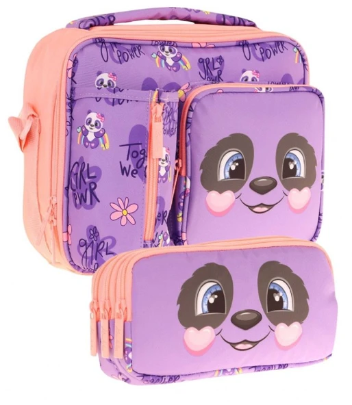 Kaukko Kids Kız Çocuk Mor Somon Panda Desenli Üç Bölmeli Thermo Beslenme Çantası ve Kalemlik Seti (L7233+L8233) ürün görseli