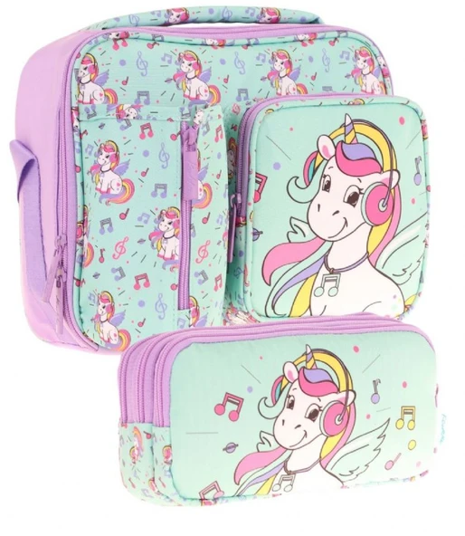 Kaukko Kids Kız Çocuk Turkuaz Unicorn Baskılı Üç Bölmeli Thermo Beslenme Çantası ve Kalemlik Seti (L7234+L8234) ürün görseli