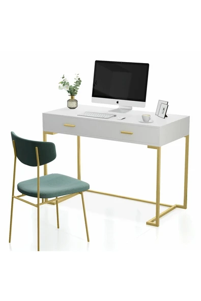 Hitit Dekorasyon Vivian Gold Metal Beyaz Çalışma Masası - Resim 8