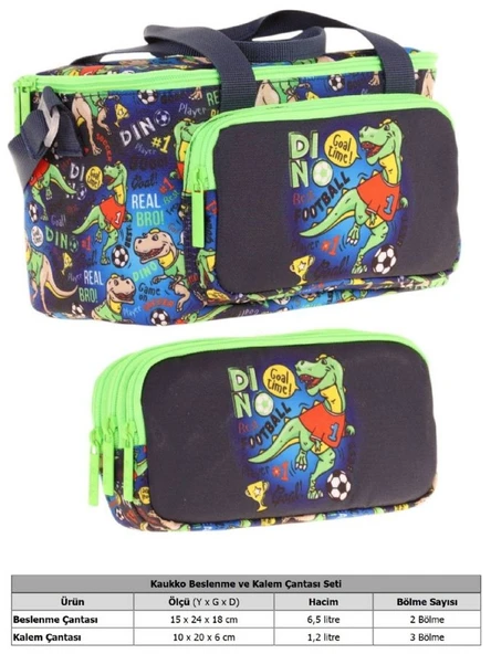 Kaukko (L7266+L8266) Beslenme Çantası (Isı Yalıtımlı) ve Kalem Çantası (Üç Bölme) Seti - Erkek Çocuk - Lacivert Yeşil Dinazor Baskılı - Resim 2