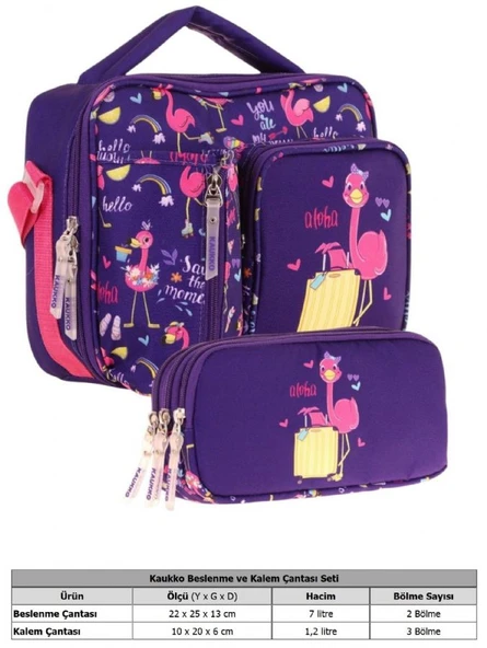 Kaukko Kids Kız Çocuk Mor Pembe Flamingo Baskılı Üç Bölmeli Thermo Beslenme Çantası ve Kalemlik Seti (L7223+L8223) - Resim 2