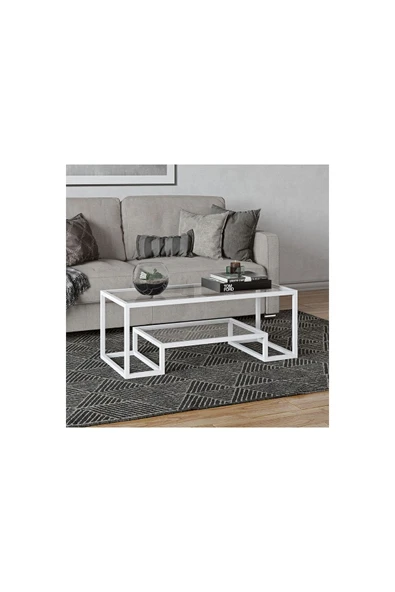 Hitit Dekorasyon Pegged Beyaz Metal Cam Orta Sehpa - 2