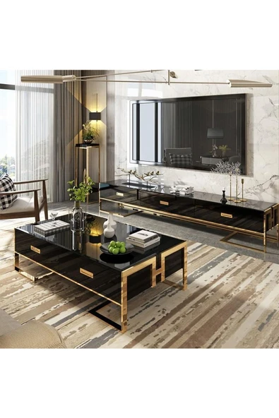 Hitit Dekorasyon Barbara Gold Metal Siyah Tv Ünitesi - 4