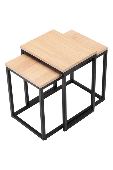 Hitit Dekorasyon Alix Siyah Metal Ahşap İkili Yan Sehpa - 2