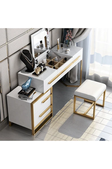 Hitit Dekorasyon Cristina Beyaz Gold Metal Makyaj Masası - 3